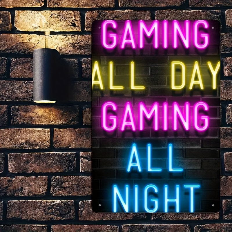 Retro Gaming Cafe - レトロな金属製の壁飾り - ネオンスタイルの「GAMING ALL DAY GAMING