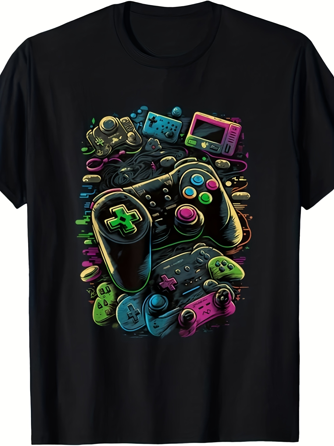 Retro Gaming Icons - メンズユニセックスコントロールゲーマーTシャツ、レトロなビデオゲームコントローラーのグラフィックTシャツ、アイコニックなコントローラーデザイン、カジュアルウェアやゲーミングセッションに快適なカジュアルフィット、ラウンドネックとプリント付きのレトロカジュアル半袖Tシャツ