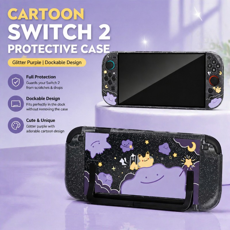 Retro Gaming Case - 漫画スイッチ2保護ケース ニンテンドースイッチ2用 グリッターパープル カスタマイズ ジョイコン本体ケース ドックカバー挿入可能