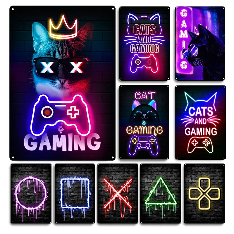 ゲーム猫のビンテージブリキの看板、ゲーマーの部屋の装飾、ぼろ - Retro Gaming Cafe のレビューと価格